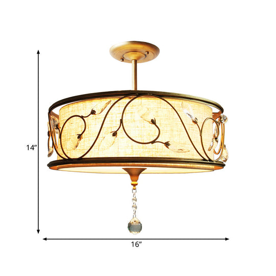 Golden 3-Light Semi Flush Lamp - Traditional Metal Ceiling Light with Crystal Element - 14"/16" Dia