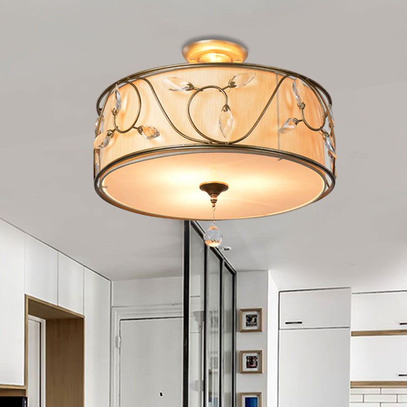 Golden 3-Light Semi Flush Lamp - Traditional Metal Ceiling Light with Crystal Element - 14"/16" Dia