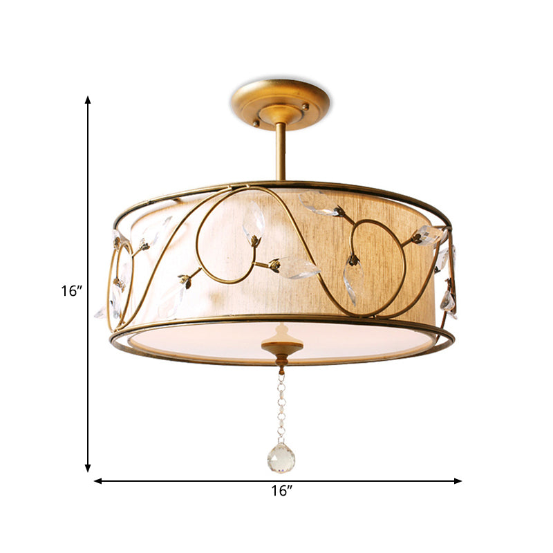 Golden 3-Light Semi Flush Lamp - Traditional Metal Ceiling Light With Crystal Element 14/16 Dia