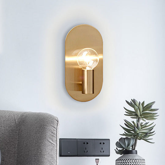 Minimalist Gold Finish Bare Bulb Wall Sconce One Light Metallic Lamp With Oval Backplate