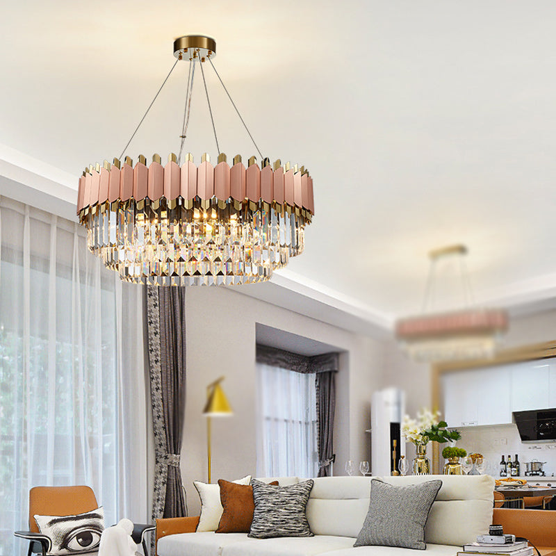 Modern Crystal Drop Pendant Ceiling Light Pink/Gold 8/12 Lights Layered Design