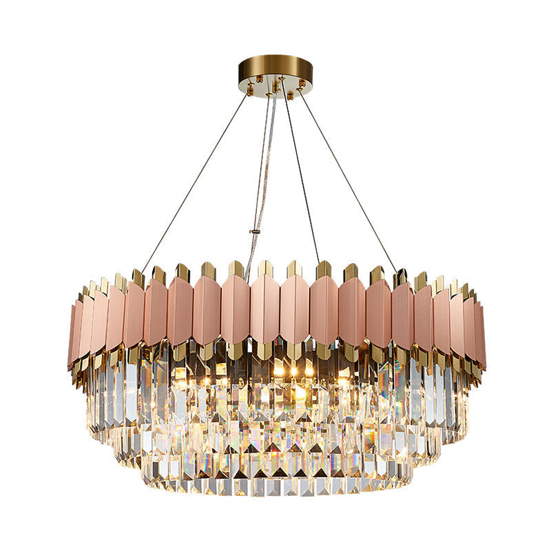 Modern Crystal Drop Pendant Ceiling Light Pink/Gold 8/12 Lights Layered Design