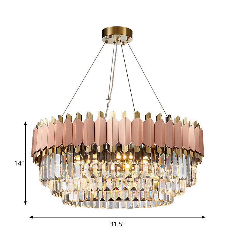 Modern Crystal Drop Pendant Ceiling Light Pink/Gold 8/12 Lights Layered Design