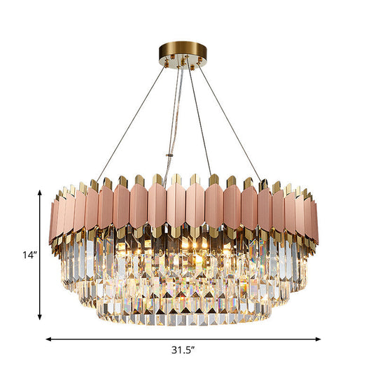 Modern Crystal Drop Pendant Ceiling Light Pink/Gold 8/12 Lights Layered Design