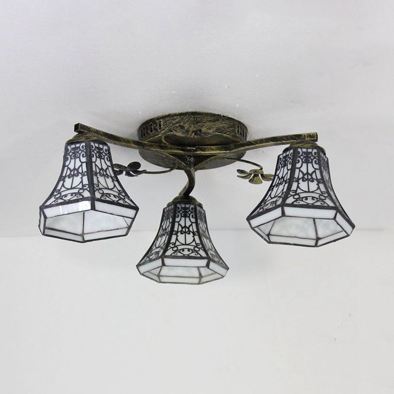 Vintage Stained Glass Ceiling Light - Conic Flushmount with Art Pattern, 3 Lights