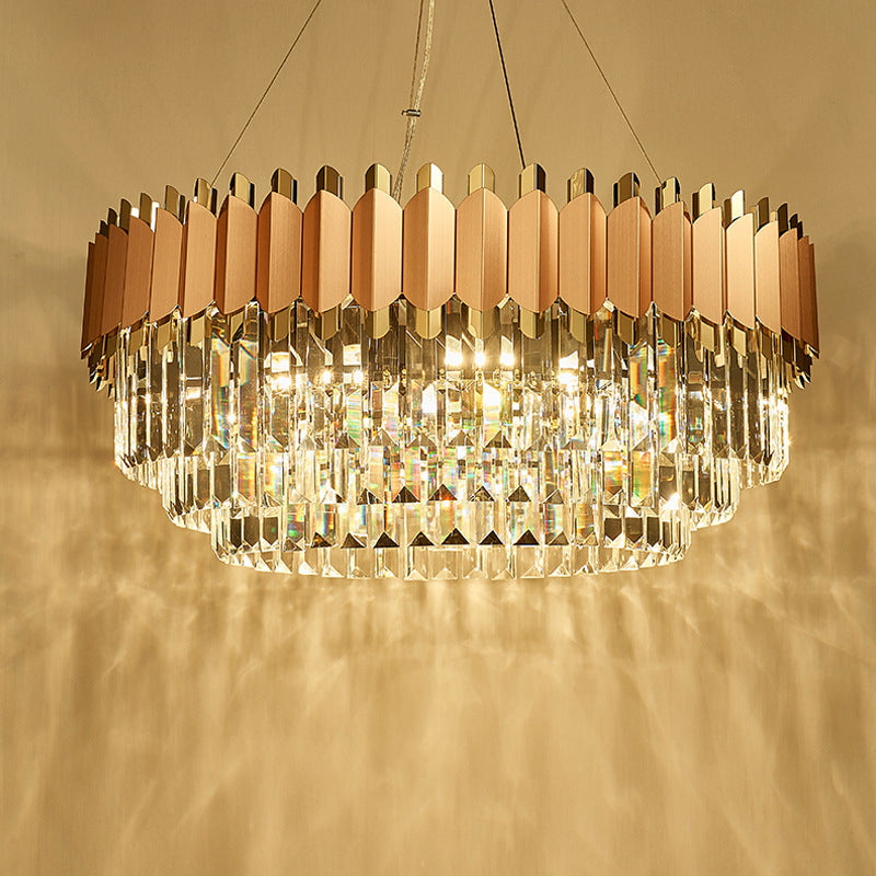 Modern Crystal Drop Pendant Ceiling Light Pink/Gold 8/12 Lights Layered Design