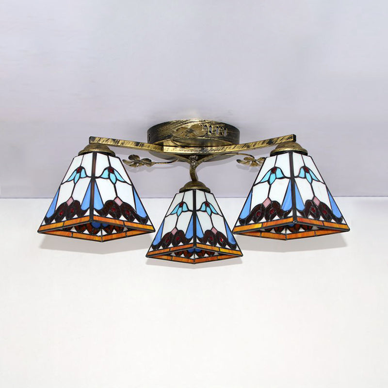 Vintage Stained Glass Ceiling Light - Conic Flushmount with Art Pattern, 3 Lights