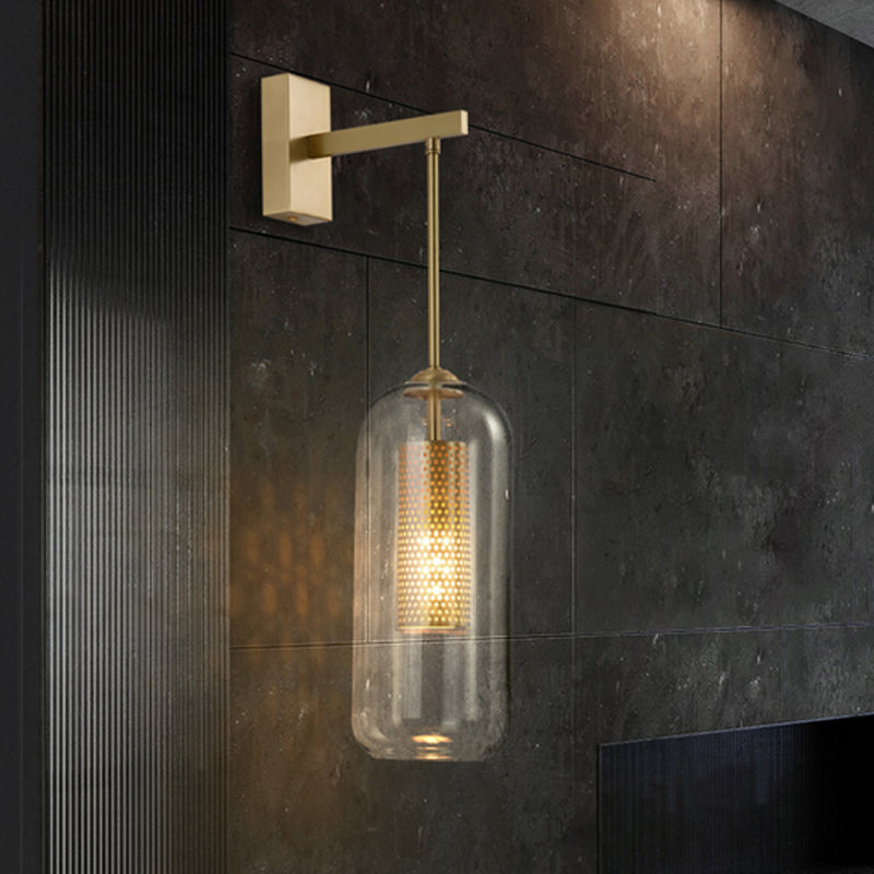 Modern Clear Glass Capsule Wall Light Sconce With Gold Arm - Stylish Indoor Lighting