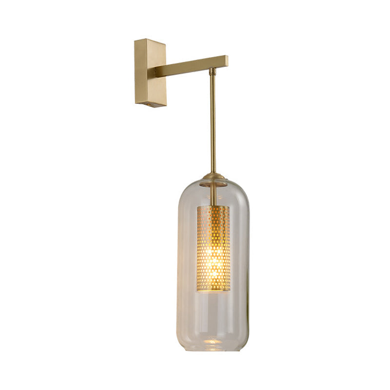 Modern Clear Glass Capsule Wall Light Sconce With Gold Arm - Stylish Indoor Lighting