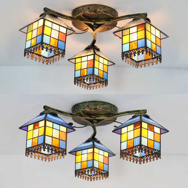 Tiffany Stained Glass Small House Ceiling Light - Blue/Clear, 3-Lights Flush Mount for Bedroom