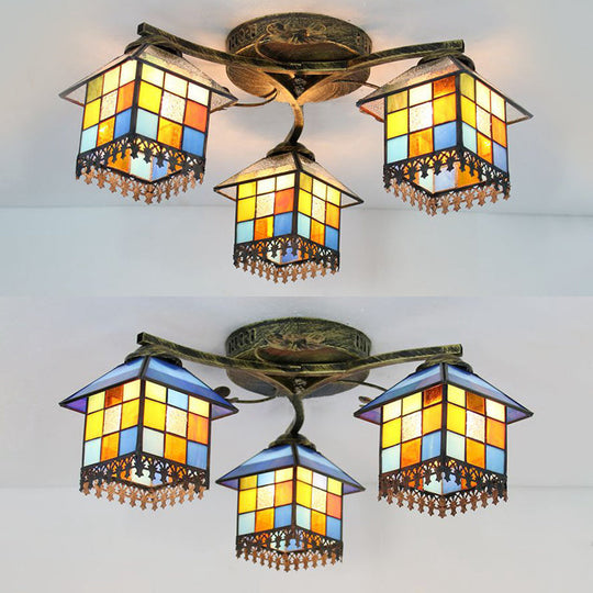 Tiffany Stained Glass Small House Ceiling Light - Blue/Clear, 3-Lights Flush Mount for Bedroom