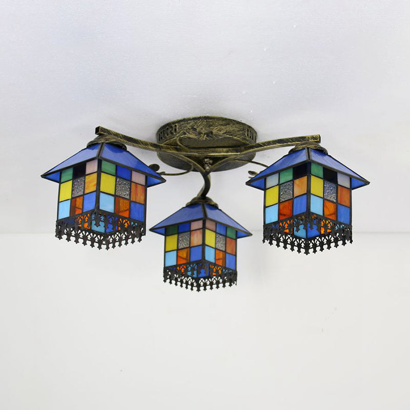 Tiffany Stained Glass Small House Ceiling Light - Blue/Clear, 3-Lights Flush Mount for Bedroom