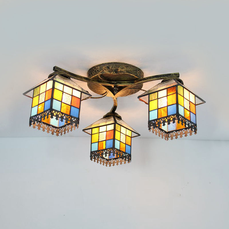 Tiffany Stained Glass Small House Ceiling Light - Blue/Clear, 3-Lights Flush Mount for Bedroom