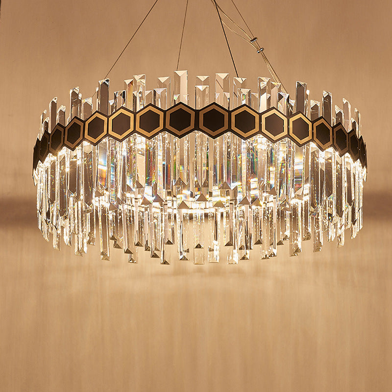 Lustre à suspension conique en cristal de glaçons à LED - Plafonnier noir moderniste, 23,5"/31,5" W