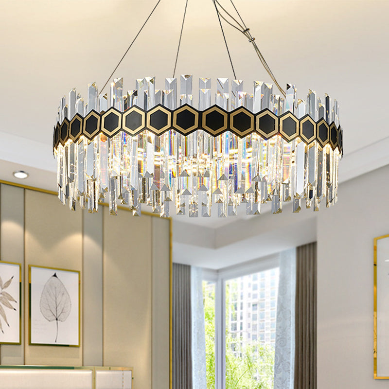 Lustre à suspension conique en cristal de glaçons à LED - Plafonnier noir moderniste, 23,5"/31,5" W