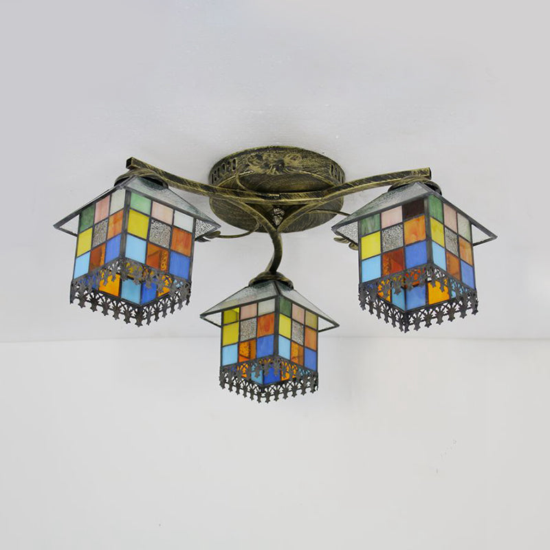 Tiffany Stained Glass Small House Ceiling Light - Blue/Clear, 3-Lights Flush Mount for Bedroom