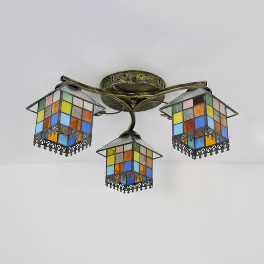 Tiffany Stained Glass Small House Ceiling Light - Blue/Clear, 3-Lights Flush Mount for Bedroom