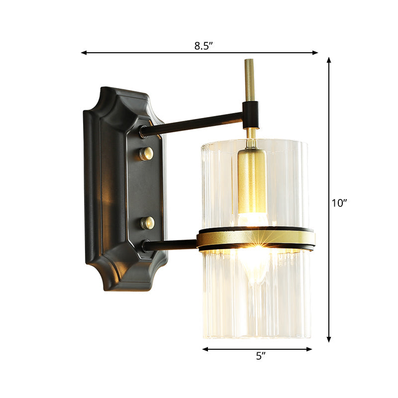 Contemporary Black Iron Wall Lamp With Clear Glass Shade - 1 Bulb Circular Sconce Lighting