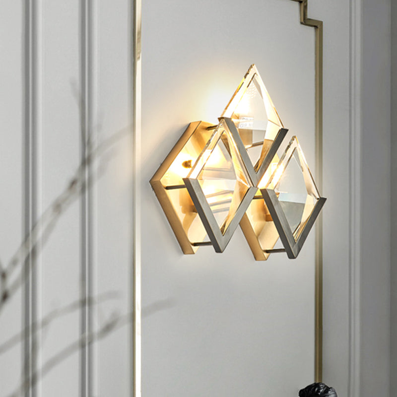 Vintage Gold Rhombus Wall Sconce With Clear Crystal - 3-Head Mounted Lamp