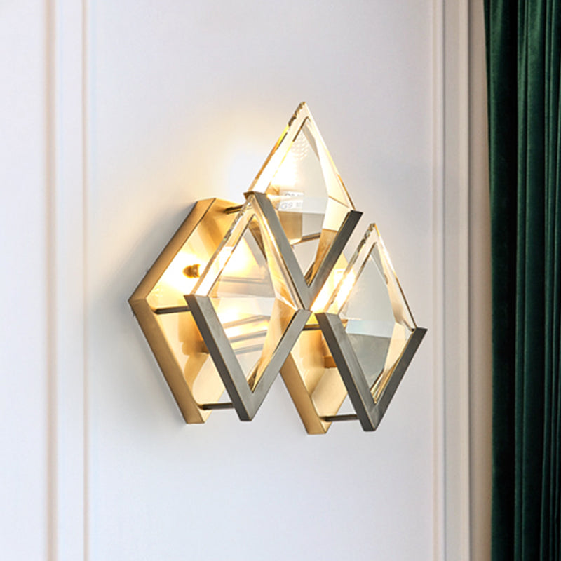 Vintage Gold Rhombus Wall Sconce With Clear Crystal - 3-Head Mounted Lamp