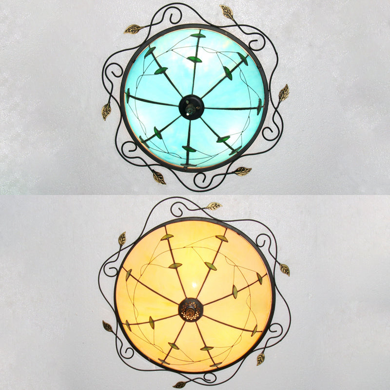 Tiffany Style Stained Glass Round Ceiling Light Fixture with Leaf Pattern - Beige/Blue, 3 Bulbs