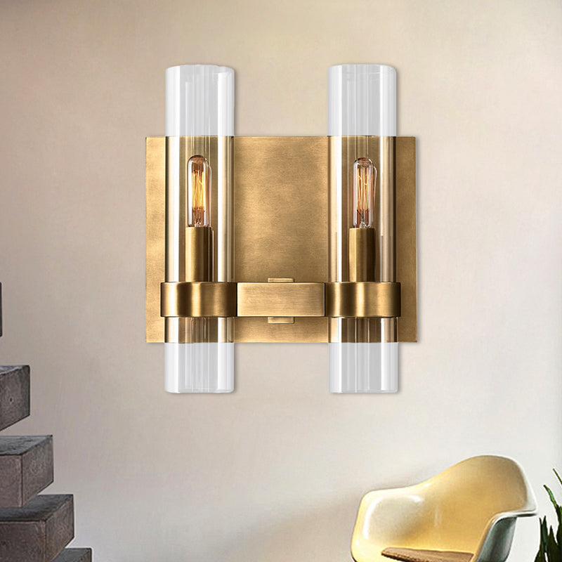 Modern 2-Headed Wall Sconce: Clear Glass Symmetrical Tube Black/Brass Finish