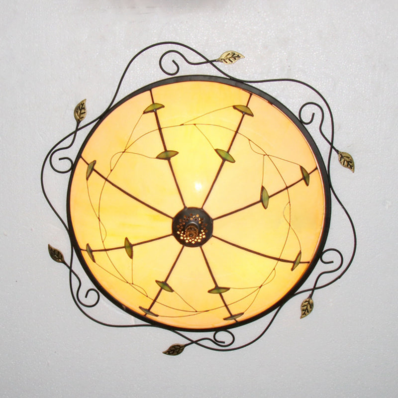 Tiffany Style Stained Glass Round Ceiling Light Fixture with Leaf Pattern - Beige/Blue, 3 Bulbs