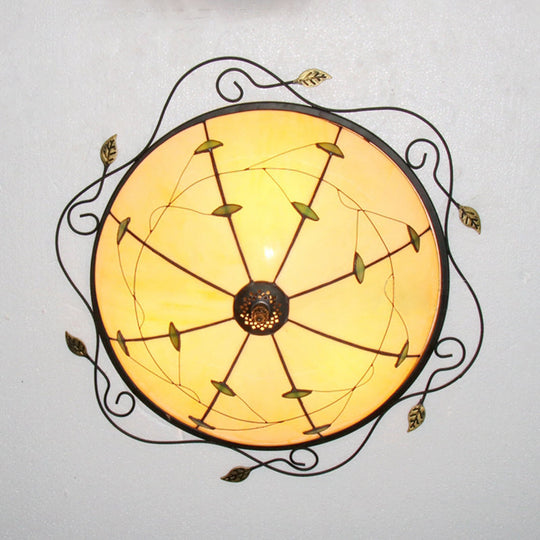 Tiffany Style Stained Glass Round Ceiling Light Fixture with Leaf Pattern - Beige/Blue, 3 Bulbs