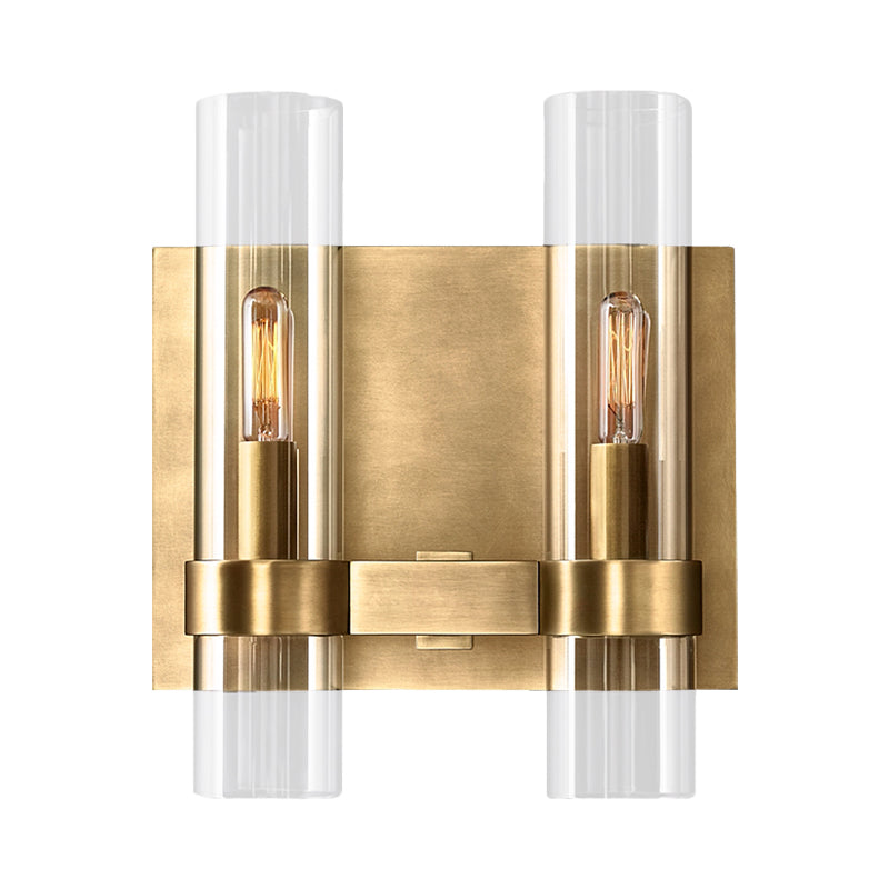 Modern 2-Headed Wall Sconce: Clear Glass Symmetrical Tube Black/Brass Finish