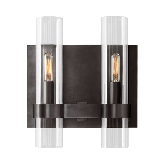 Modern 2-Headed Wall Sconce: Clear Glass Symmetrical Tube Black/Brass Finish