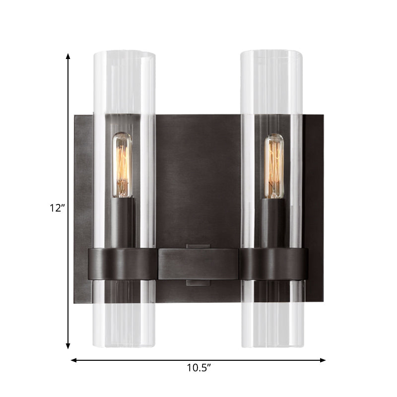 Modern 2-Headed Wall Sconce: Clear Glass Symmetrical Tube Black/Brass Finish