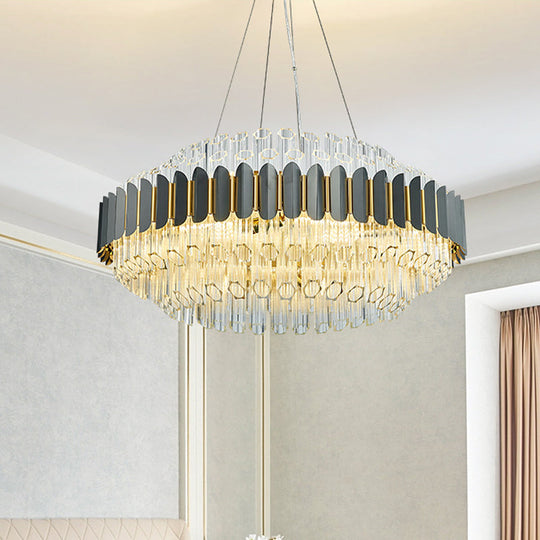 Lustre tubulaire gris moderne : plafonnier suspendu en cristal prismatique à 12 lumières