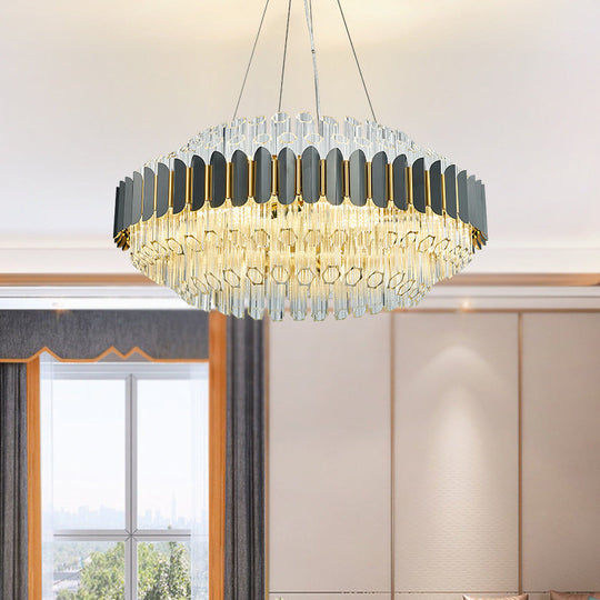 Lustre tubulaire gris moderne : plafonnier suspendu en cristal prismatique à 12 lumières