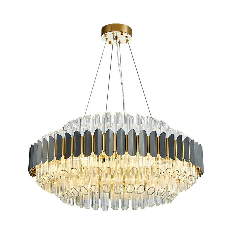 Lustre tubulaire gris moderne : plafonnier suspendu en cristal prismatique à 12 lumières