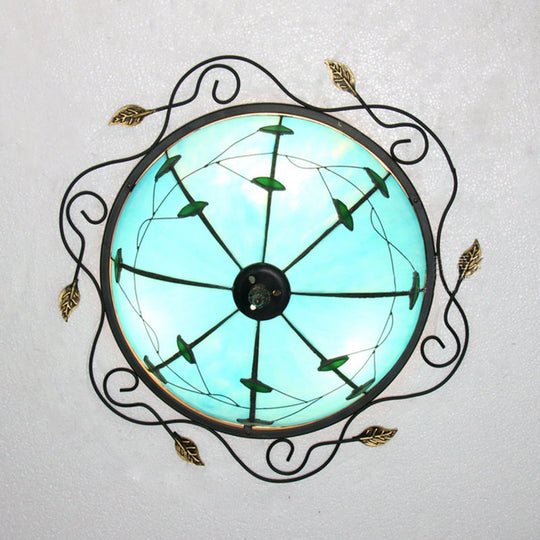 Tiffany Style Stained Glass Round Ceiling Light Fixture with Leaf Pattern - Beige/Blue, 3 Bulbs