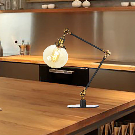 Industrial Global Table Lamp - Amber/Clear Glass Adjustable Arm Black/Brass Finish Restaurant