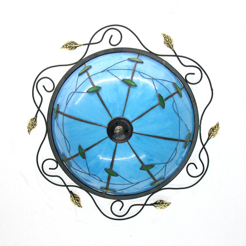 Tiffany Style Stained Glass Round Ceiling Light Fixture with Leaf Pattern - Beige/Blue, 3 Bulbs