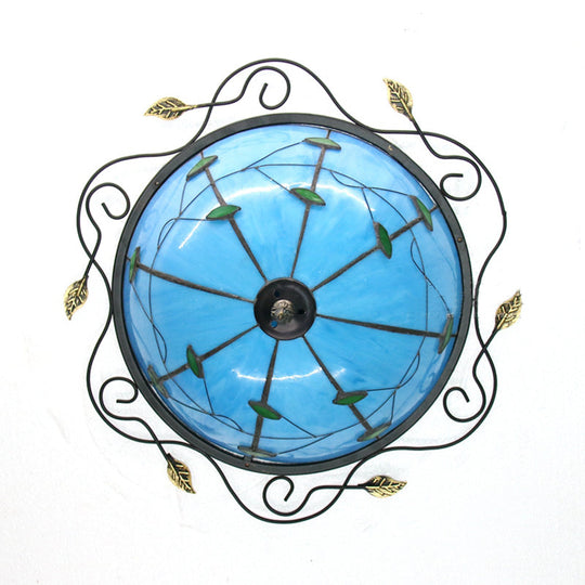 Tiffany Style Stained Glass Round Ceiling Light Fixture With Leaf Pattern - Beige/Blue 3 Bulbs