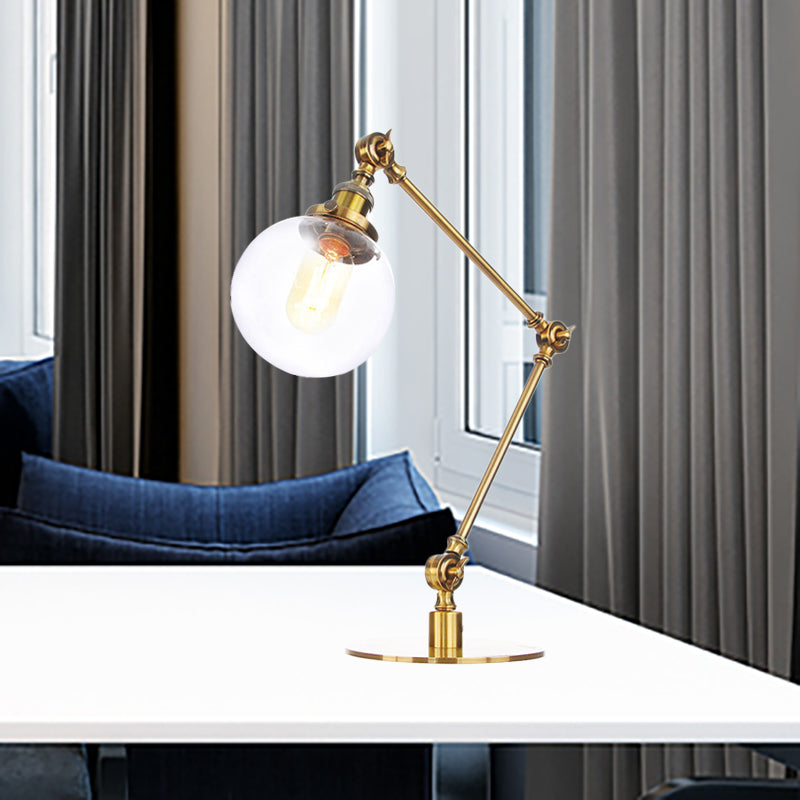 Industrial Global Table Lamp - Amber/Clear Glass Adjustable Arm Black/Brass Finish Restaurant