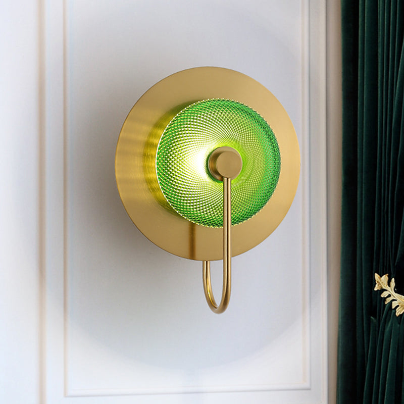 Vintage Bell Metal Wall Lighting Sconce In Gold With Green Prismatic Glass Shade