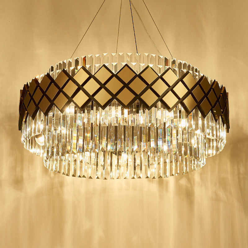 Contemporary Gold Mesh Chandelier - 12-Light Clear Crystal Pendant Light