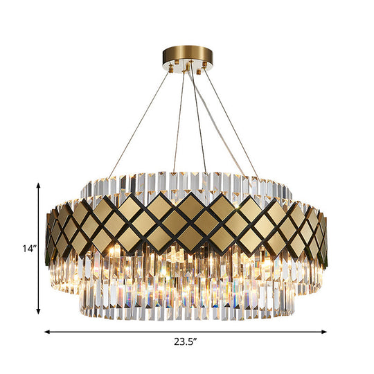 Contemporary Gold Mesh Chandelier - 12-Light Clear Crystal Pendant Light