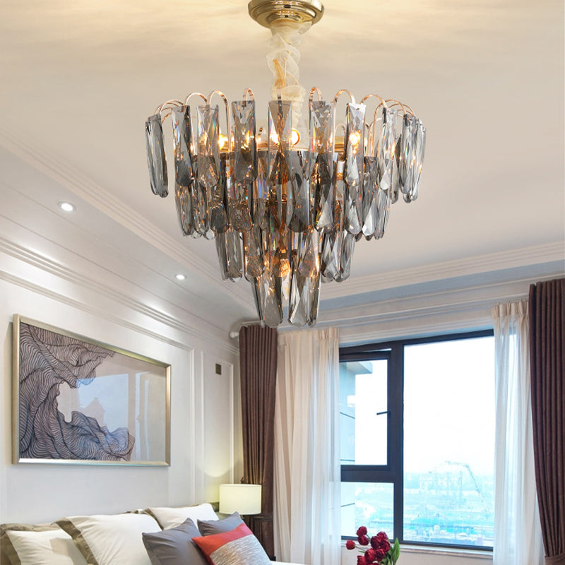 Modern Smoke Gray Crystal Tiered Chandelier Lamp - 7-Light Bedroom Pendant Light Kit