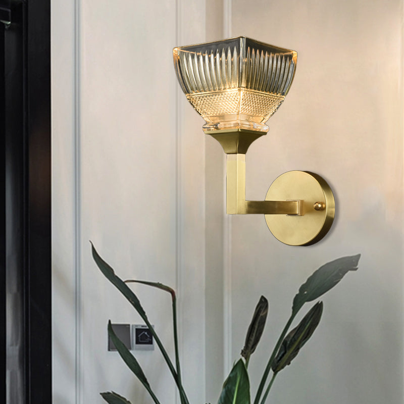 Prismatic Glass Torch Sconce Light - Modernist Wall Lamp With Gold Arm 1 /