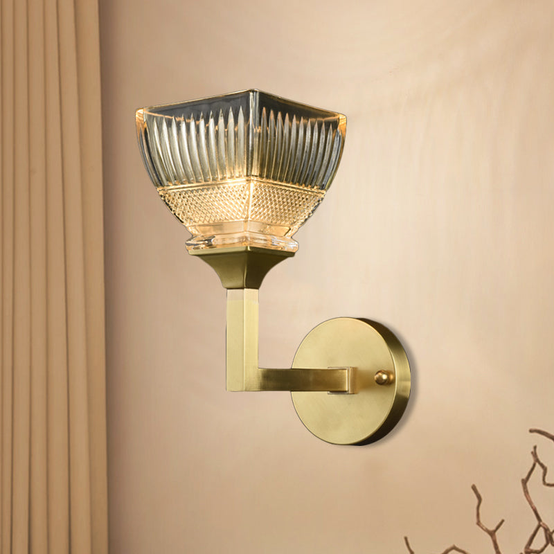 Prismatic Glass Torch Sconce Light - Modernist Wall Lamp With Gold Arm