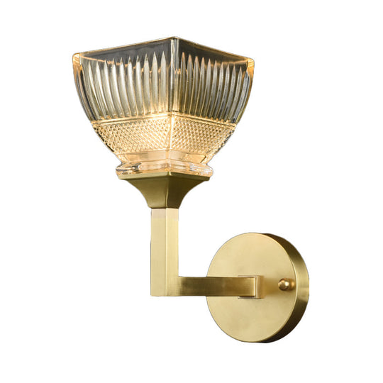 Prismatic Glass Torch Sconce Light - Modernist Wall Lamp With Gold Arm