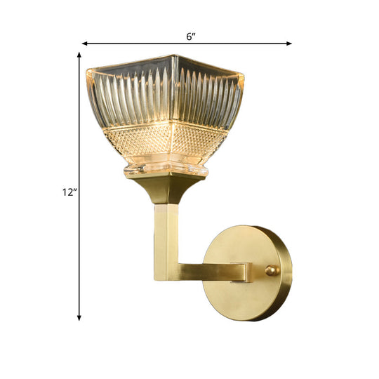 Prismatic Glass Torch Sconce Light - Modernist Wall Lamp With Gold Arm