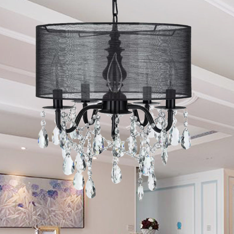 Lustre rond classique en tissu noir à 5 lumières avec accent en cristal