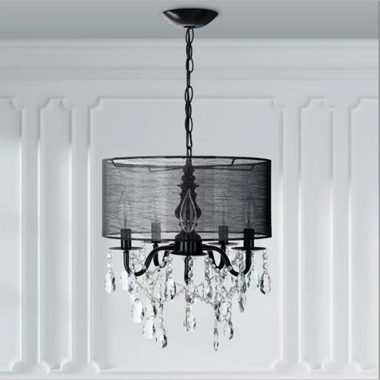 Black Round Fabric Pendant Chandelier With Crystal Accent - Traditional 5-Light Fixture