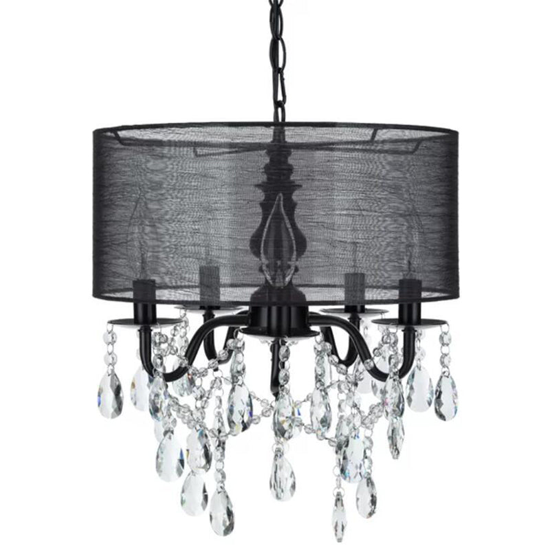 Black Round Fabric Pendant Chandelier With Crystal Accent - Traditional 5-Light Fixture